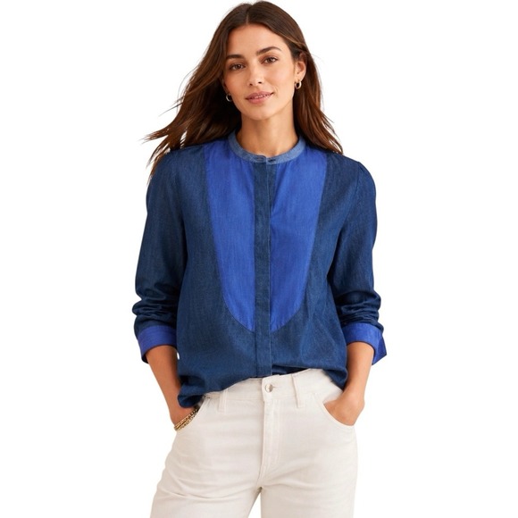 ANN MASHBURN Tops - Ann Mashburn Tuxedo Bib Front Blouse Blue Linen Cotton. Sz XS